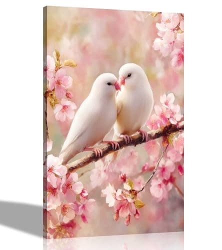 Image of Artley Prints - White Birds on Cherry Tree Canvas Pictures for Wall Nature Art Prints Conservatory, Gardening Decor 40 x 30cm (16 x 12 inches) A3
