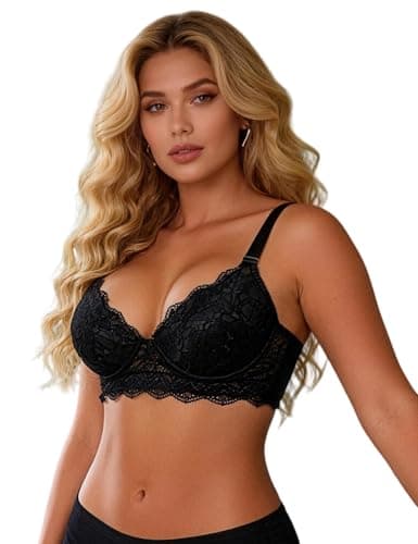 Image of ohmydear Women's Lace Bras Underwired Padded T-Shirt Bra Ladies Full Coverage Comfort Everyday Plus Size Comfit Brassiere for Women Black Push Up Bra 44D