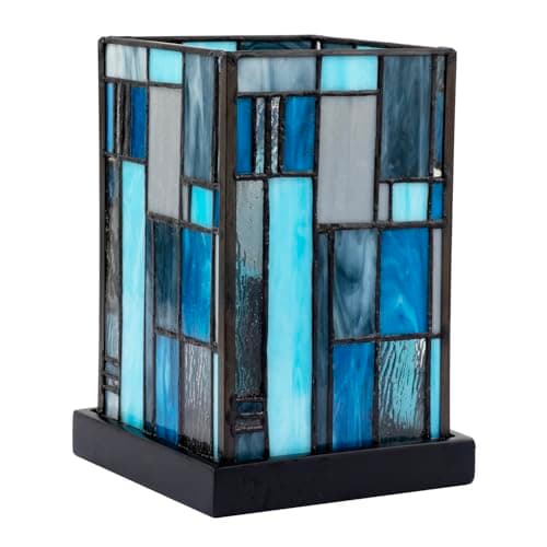 Image of Happy Homewares Designer Art Deco Tiffany Glass Table Lamp in Midnight and Sky Blue | 20cm x 13cm | Matte Black Resin Base with Inline Switch