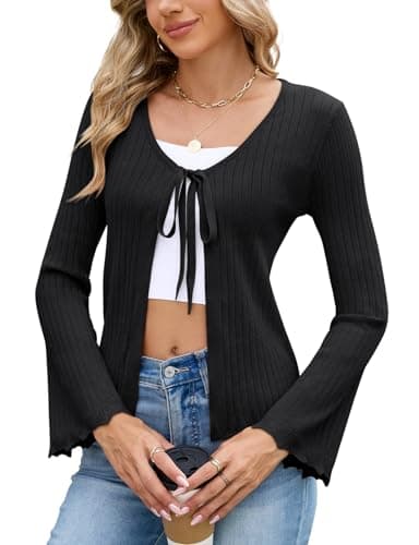 Image of Akiooue Black Cardigans for Women UK,Ladies Summer Autumn Fashion Lightweight Cozy V Neck Long Sleeve Knitted Striped Open Tie Front Cardigans Size 12