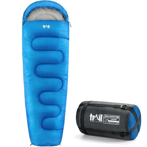 Image of Trail Mummy Sleeping Bag For Adults, Single 3 Season Spring Autumn Winter, 300gsm, Waterproof, Outdoor Camping, Internal Pockets, Lightweight Compression Bag