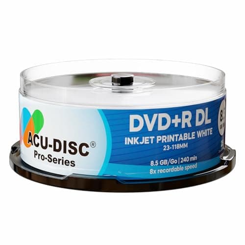 Image of Acu-Disc DVD+R DL 8.5GB 240min 8x Dual Layer – White Inkjet Printable Blank Discs, Full-Face Hub Printable, Double Layer Recordable Media for Duplication & Video Production (50)