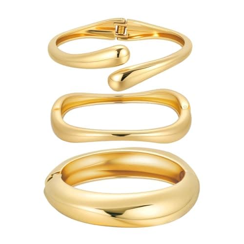 Image of Emibele Gold Bangles for Women, 3PCS Irregular Chunky Gold Bracelet Hinged Open Bangle Bracelets for Women, Fashion Wide Arm Cuff Minimalist Chunky Jewelry Gifts for Valentine Christmas Birthday