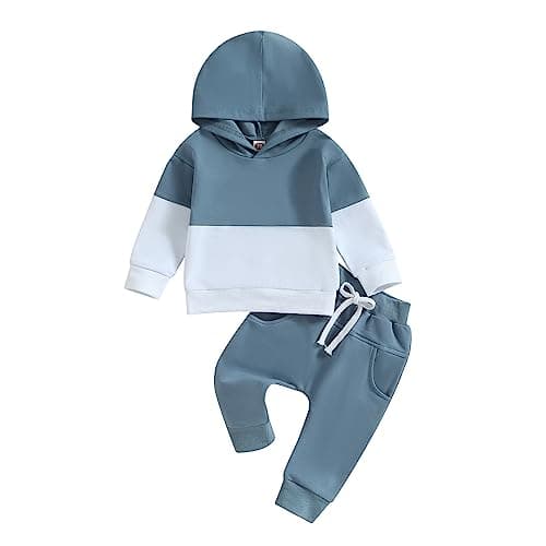 Image of Vioyavo Infant Baby Boys 2pcs Tracksuit Long Sleeve Contrast Colors Hoodie Hooded Sweatshirt Tops Elastic Waits Long Pants Outfit (G-Blue, 6-12 Months)