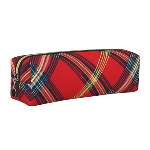 Image of Red Tartan Pencil Case for Boys Girls Vintage Grid Leather Pen Pouch Holder for School Office Travel Portable Stationery Organizer Makeup Bag Gold Zip