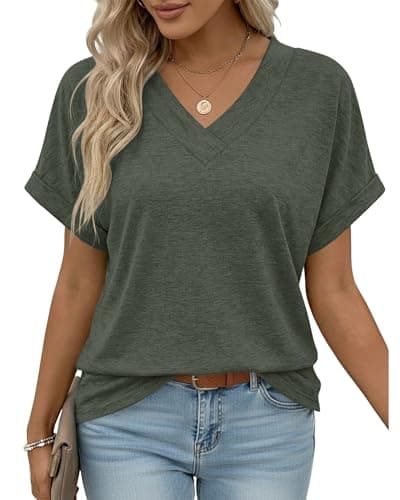 Image of PLOKNRD Women's Loose Fit T-Shirts V Neck Cuffed Short Sleeve Ladies Summer Casual Tops Army Green 2XL