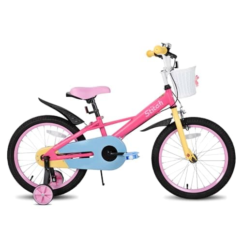 Image of STITCH MACARONS 18 inch kids bike for 6-8 girls, 18 inch girls bike with stablisers and basket,pink