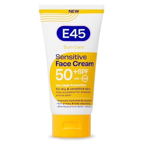 Image of E45 SPF50+ Sensitive Sun Cream for Face with Hyaluronic Acid - UVA and UVB Protection - Fragrance-Free and Dermatologically Tested Sunscreen - Suitable For Dry, Sensitive and Eczema Prone Skin (50ml)