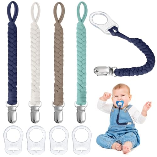 Image of Aolso Dummy Clips Pacifier Chain, 4pcs Dummy Pacifier Chain with 4pcs Clip Adapter, Silicone Ring Adapter, Soother Chain Holder Straps Teething Clip, Teething Toy (Black/Blue/White)