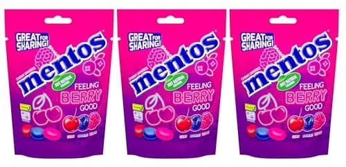 Image of Mentos Berry, Assorted chewy dragees raspberry, blueberry and cherry flavour sweets 140g sharing bag, Pack of 3