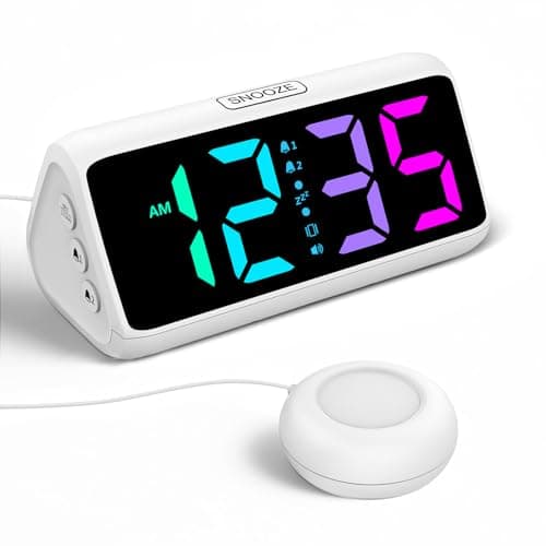 Image of Netzu Loud Alarm Clock for Heavy Sleepers, Vibrating Alarm Clock with Bed Shaker, RGB Led Display, Dual Alarm, 5 Dimmers, 4 Volumes, Bedside Clocks for Hearing Impaired Elderly Teens (White)