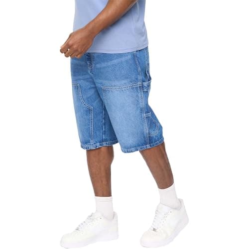Image of Crosshatch Mens Baggy Denim Cargo Shorts Denim Half Pants Jeans Cotton Casual Straight Regular Fit Loose Below Knee Combat Shorts, Mid Wash, 34W