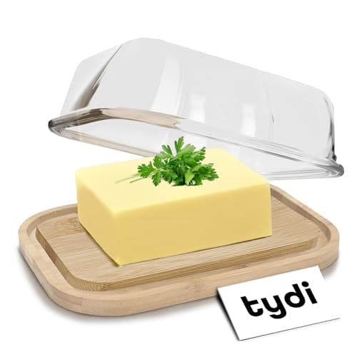 Image of Tydi Glass Butter Dish with Lid & Bamboo Base – 10.5 x110x7cm (200g up to 250g Capacity) Butter Tray for Fresh Storage – Cheese Dish with Lid – Large Metal & Enamel Butter Dish Alternative