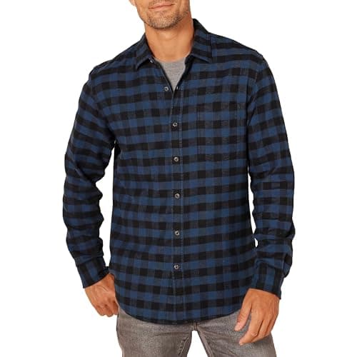 Image of Amazon Essentials Men's Slim-Fit Long-Sleeved Button-Down Plaid Flannel Shirt, Black Blue Buffalo Plaid, M