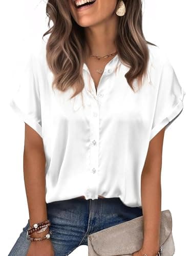 Image of Lshyuehao Womens Satin Button Down Shirts Short Sleeve Silk Tops Summer Satin Blouse Business Casual Outfits (A-White, M)