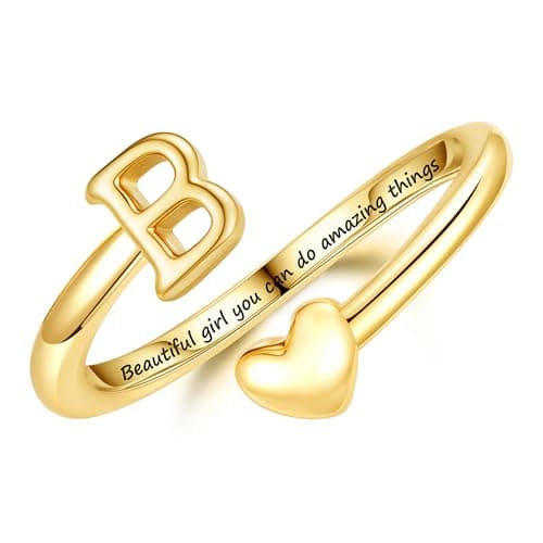Image of Turandoss Gold Rings for Women Girls - Non Tarnish 14K Gold Plated Heart Initial B Rings Engraved Words Adjustable Open Pinky Ring Stackable Thumb Pinky Ring Gifts for Women Jewelry
