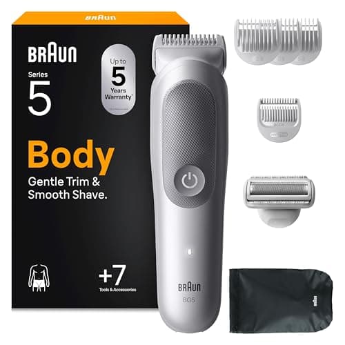 Image of Braun Series 5 Body Groomer for Men, Body Hair Trimmer +7 Tools, Gentle Pubic & Private Area Shaver, SkinGuard, Waterproof, Includes Rechargeable Battery, 100 Min Runtime, Grey BG5555