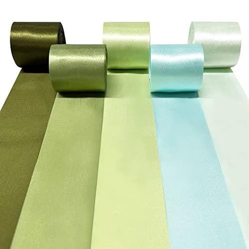 Image of 60M Sage Green Satin Ribbon 50mm Wide Ombre Dusty Green Aqua Fabric Ribbons Large Silk Satin Hanging Streamer Garland for Gift Wrapping Crafts DIY Sewing Hair Bow Birthday Wedding Party Backdrop Decor