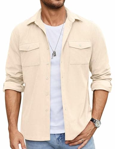Image of Coofandy Men's Button Down Waffle Shirt Jacket Casual Long Sleeve Shacket Lightweight Overshirts with Flap Pockets, Beige, X-Large