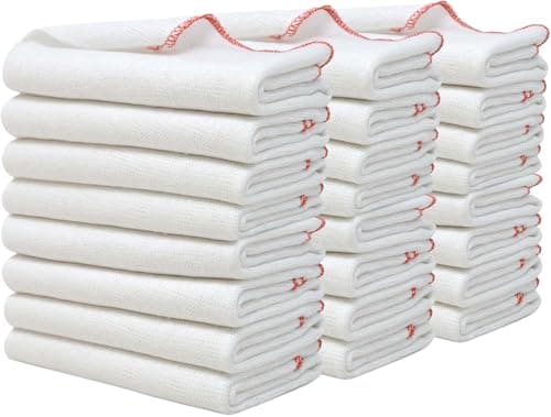 Image of Towelogy Jumbo Dish Cloths for Washing Up | Cotton Set of 24-38 x 45cm (White/Red Edges)