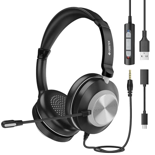 Image of Voistek USB Headset with Microphone for Laptop PC,Wired On Ear Computer Headphones with Noise Cancelling Mic & In-line Controls for Office, Call Center, Online Classes, Teams, Zoom, Skype