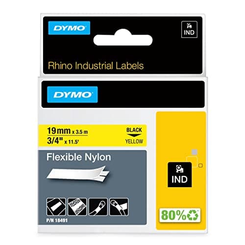 Image of DYMO Rhino Industrial Flexible Nylon Labels | 19 mm x 3.5 m | Black Print on Yellow | Self-Adhesive | for Rhino & LabelManager Label Makers