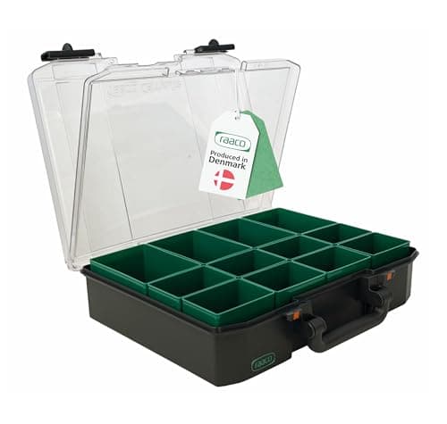 Image of raaco CarryLite 80 4x8-12 DLU Premium Screw Organiser with 12 Compartments and Sandwich Lid | 10 kg Load Capacity | Nut and Bolt Secure Storage | Small Parts Tool Box Case | 33.7 × 27.8 × 8.2 cm