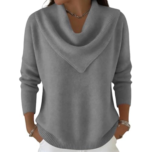 Image of Women's Cashmere Jumpers Cashmere Jumpers Ladies Long Sleeve Womens Sweaters Womens Cowl Neck Sequin Top Cosy Sweater Women Casual Thick Knitted Jumper Spring Sweatshirt Pullover Tops Grey