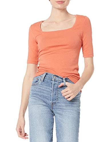 Image of Amazon Essentials Women's Slim-Fit Half Sleeve Square Neck T-Shirt, Rust Orange, XL