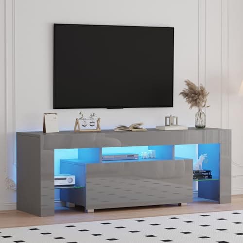Image of Rainbow Tree 130cm High Gloss Grey TV Stand Cabinet With RGB LED Lights, Modern Grey TV Unit with Shelves and Drawers Large Storage TV Cabinet for Living Room Bedroom