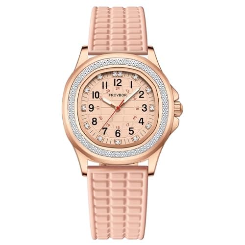 Image of FROVBOR Rose Gold Watches for Women Nurse Watch Easy-to-Read Three-Hand Premium Crystal Embellished Dial Pink Silicone Strap
