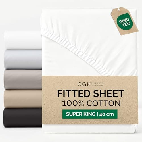Image of Super King Fitted Sheet 180x200 cm - 100% Cotton Sateen 400 Thread Count - Extra Deep Fitted Sheet for Mattresses up to 40 cm (16") - Soft, Breathable, Wrinkle Free - OEKO-TEX Certified - White