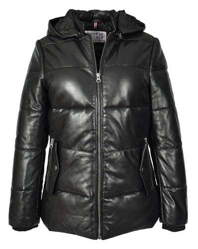 Image of House Of Leather Women's Black Genuine Leather Puffer Jacket Quilted Coat With Removable Hood Padded Design Myra (UK, Numeric, 12, Regular, Regular, Black)