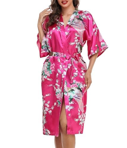 Image of Lovasy Kimono Dressing Gowns Satin Kimono Robe Peacock and Blossoms Silk Dressing Gown for Women UK Long Silk Bride and Bridesmaid Robes,Rose Red,L