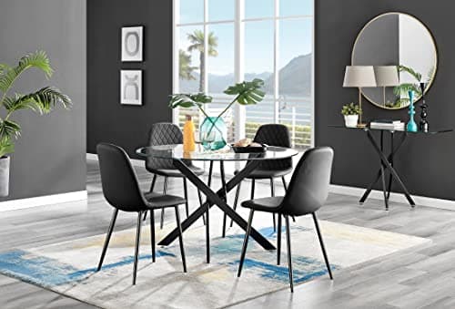 Image of Furniturebox UK Dining Table - Novara 120cm Round Matte Black and Clear Tempered Glass Industrial Home 4/6 Seater Kitchen Dining Table & 4 Black Faux Leather Black Leg Corona Dining Chairs