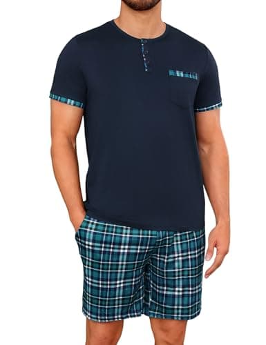 Image of Uniexcosm Summer Mens Nightwear Short Set Short Sleeve Cotton Pyjamas Men Loungewear Navy blue 4XL