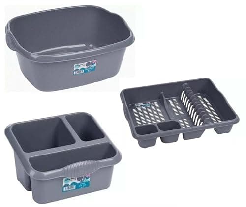 Image of PREMZO Set of 3 Plastic Rectangular Large Sink Tidy, Washing Up Bowl & Dish Drainer Kitchen Sink Plate Rack Holder, Counter Top Shelf Organiser | 3 PCS Set (Silver)