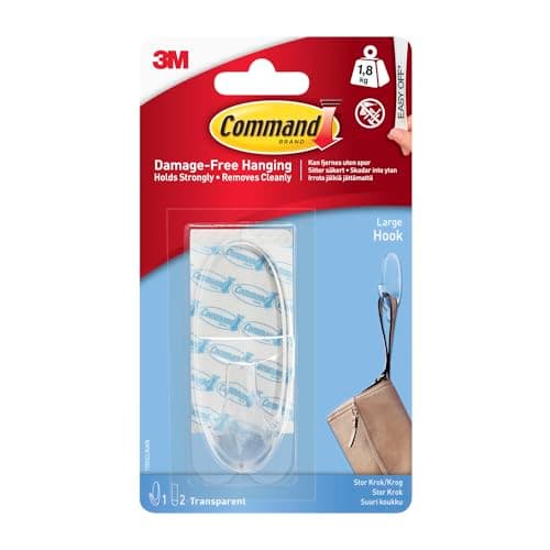 Image of Command Large Hook, Pack 1 Hook and 2 Adhesive Strips, Transparent - Damage Free Hanging - Holds up to 1.8kg