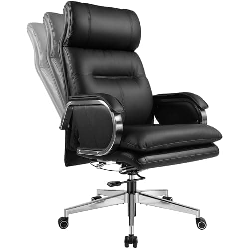 Image of HUAUR Genuine Leather Modern Executive Chair High-Back Support 90 to 150 Degrees Tilt and Upholstered Home Desk Chair with Base 360LB Capacity Swivel Computer Office Chair (Black)