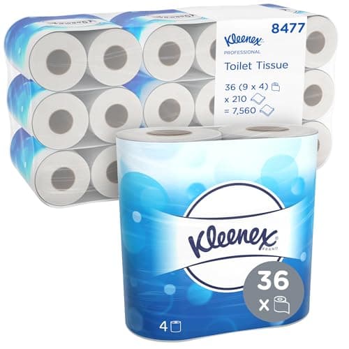 Image of Kleenex Standard Size Toilet Roll 8477-2 Ply Toilet Paper - 9 Packs of 4 Toilet Rolls x 210 White Toilet Tissue Sheets (36 Rolls / 7,560 Sheets Total)