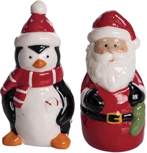 Image of The Bridge Collection Ceramic Penguin & Santa Salt and Pepper Shakers - 3.5" Christmas Salt Shaker Set - Holiday Kitchen Decor