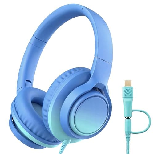 Image of MartiAudio Kids Headphones Wired with Microphone, 85/94dB Volume Limited, Over Ear Headphones for Kids with USB C & 3.5mm Jack, Foldable Stereo Headset for School Travel iPad PC (Gradient Blue)