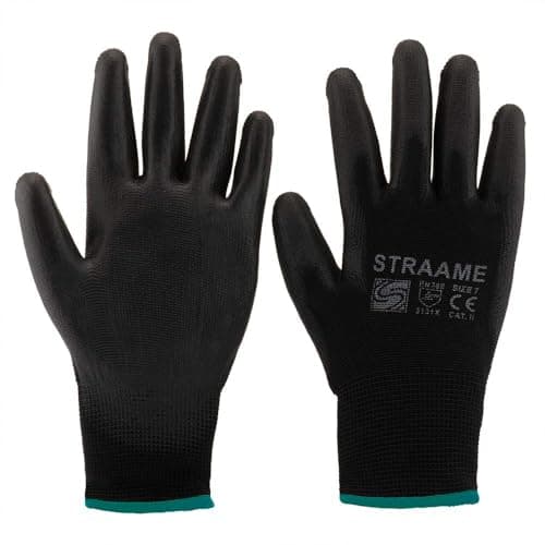 Image of Straame Pack of 12 or 24 Black Safety Work Gloves, Outdoors PU and Nylon Non-Slip Work Handling Gloves, Good Dexterity Firm Grip Protective Working Gloves Size (Pack of 12 Pair's, M)
