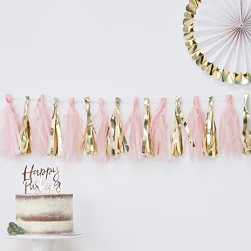 Image of Ginger Ray Pink And Gold Foiled Baby Shower Party Tassel Garland - 16 Pack - Oh Baby!