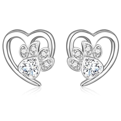 Image of Silver Stud Earrings for Women, 925 Sterling Silver Cute Puppy Dog Cat Paw Print Stud Earrings | Lovely Crystal CZ Endless Love Heart Earring Studs Jewellery Gift for Pet Lovers Little Girls Kids