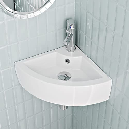 Image of BELOFAY Modern Design Bathroom Wash Basin Sink, Corner Wall-Mounted White Cloakroom Ceramic Basin for Bathroom, Vanity Cabinet, and Toilets (13.5x43.5x32) (HxWxD)