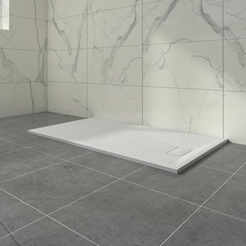Image of Aquariss White Rectangular Shower Tray Slate Effect SMC Slip-Resistant Shower Base for Bathroom Enclosures 1500x900mm with Waste