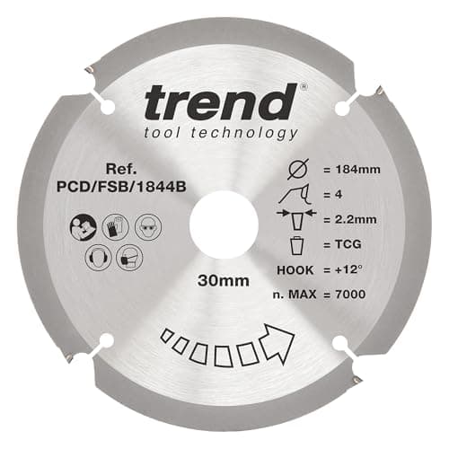 Image of Trend PCD Fibre Cement Circular Saw Blade, 184mm Diameter, 30mm Bore, 4 Teeth, 2.2mm Kerf, +12° Hook, PCD, Coarse Finish, PCD/FSB/1844B
