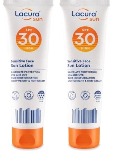 Image of 2× Lācurā Aldi - Sensitive Face Sun Lotion - SPF 30 High | Immediate Protection UVA & UVB - 24H Moisturisation - Lightweight & Non-greasy | 50mL Each [TWIN PACK]