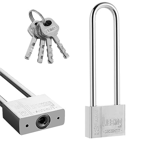 Image of Yaolmkcovs 6.4 Inch Long Shackle Heavy Duty Outdoor Padlock, Silver, 50mm, 2 Keys, Weather Resistant, Corrosion Resistant